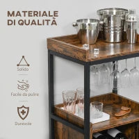 Mobile Portabottiglie Stile Industriale con Cantinetta Vini per 9 Bottiglie e Portacalici, Marrone
