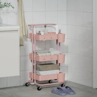 Carrello Ausiliario con Ruote Carro di Stoccaggio Multifunzionale con Ganci e Ceste Sospese 42x38x86,5 cm Rosa