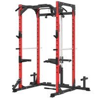 Stazione Fitness con Supporto per Bilanciere e Barra per Trazioni e Dip, in Acciaio, 191x153x205 cm, Rosso e Nero