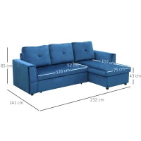 Divano Letto Angolare 3 Posti Effetto Velluto e Chaise Longue con Contenitore, 232x141x85cm, Blu