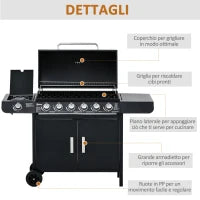 Barbecue a Gas con Coperchio, 7 Bruciatori da 20kW, Fornello Laterale e 2 Ruote, 135x50x100cm Nero
