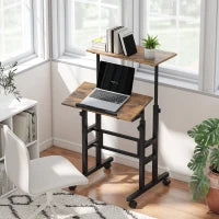 Scrivania Regolabile in Altezza con Ripiano e Ruote, 60 x 60 x 70,5-120 cm, Marrone