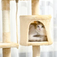 Albero Tiragraffi per Gatti in Legno a 4 Livelli con Cuccia, Giocattoli, Pallina e Corda, Altezza 114 cm