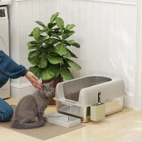 Lettiera per Gatti con Gradino, Paletta e Box Portaoggetti, in Acciaio Inox e ABS, 60.2x40.6x29 cm, Grigio Chiaro