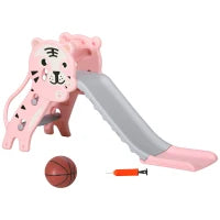Scivolo per Bambini 18-36 Mesi con Canestro da Basket Laterale, in Plastica, 133x60x70 cm, Rosa e Grigio