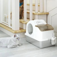 Lettiera per Gatti Chiusa con 2 Tappetini, in Acciaio Inox, ABS e PP, 60.5x40.5x42 cm, Bianca e Argento