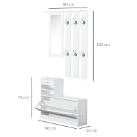 Set Mobili Ingresso Moderno con Scarpiera e Specchio, Appendiabiti da Ingresso con 6 Ganci, 2 Ripiani Regolabili e Cassetti in Legno per Corridoio, 90x24x177 cm, Bianco