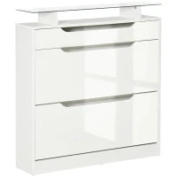 Scarpiera Moderna con 2 Cassetti per 16 Scarpe, Scarpiera a Ribalta con Mensola Regolabile e Ripiano in Vetro, 89x23x96cm, Bianco Lucido