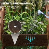 Fioriera in Legno da Esterno a 2 Livelli con 3 Vasi e Ruote di Carro Stile Country, 64x54x60cm