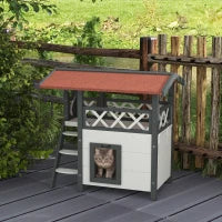 Casetta per Gatti da Esterno con Terrazza e Scaletta in Legno, 77x50x73cm, Bianco e Grigio