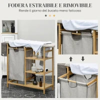 Cestino Portabiancheria in Bambù e Poliestere con Asse da Stiro e Ripiano a 3 Livelli, 113x34x82 cm