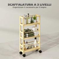 Scaffale Bagno a 3 Livelli con Ruote, Carrellino in Legno di Bambù, 36x15x73 cm, Colore Legno