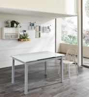 E-STYLO Tavolo allungabile con top in vetro temperato bianco e gambe in metallo bianco, 75cm X 110/170cm H. 75cm.