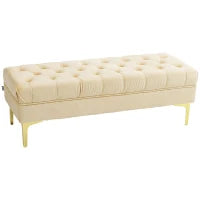 Panca Fondo Letto Imbottita con Rivestimento Trapuntato in Tessuto Effetto Velluto, 118x45x42 cm, Beige
