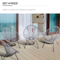 Set di 4 Sedie da Giardino Ovali in Rattan PE e Metallo in Stile Boho Chic, Grigio Chiaro