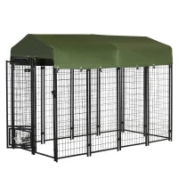 Kennel per Cani in Acciaio per Interni ed Esterni con Tettuccio in Tessuto Oxford e 2 Ciotole, 244x122x183 cm
