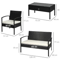 Set da Giardino 4 Pezzi in Rattan PE con Tavolino da Giardino, 2 Poltroncine e Divano 2 posti, Nero e Crema