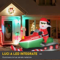 Babbo Natale Gonfiabile su Motoslitta 160cm con Luci LED Integrate, Decorazione Natalizia da Esterno, Verde e Rosso