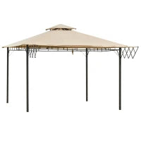 Gazebo Pergola da Esterno 3.3x3.3m con Doppio Tettuccio e Telo Estraibile, Marrone Chiaro