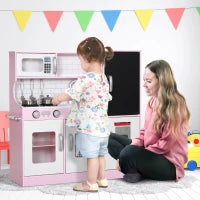 Cucina Giocattolo in Legno per Bambini 3-8 Anni con Fornelli, Microonde, Lavandino, e Accessori, Rosa