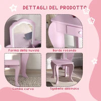 Set Toeletta per Bambina con Specchio Trucco e Sgabello Abbinato in Legno, Cassetto e Contenitori, Rosa