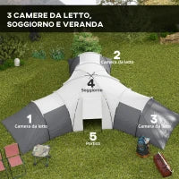 Tenda da Campeggio 6 Posti Impermeabile con 3 Aree Notte, Soggiorno e Portico, in tessuto Oxford, Grigio