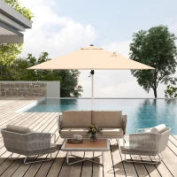 Ombrellone a Braccio Inclinabile con Base a Croce, in Poliestere, Alluminio e Metallo, 295x295x260 cm, Cachi