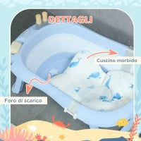 Vaschetta Bagnetto Pieghevole Bambini 0-6 Anni con Cuscino e 2 Ripiani, 83x48x23.5 cm, Blu e Bianco