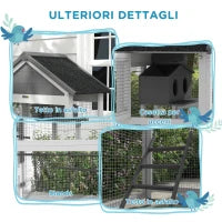 Voliera per Uccellini a 3 Porte con Casetta e Vassoio, in Legno e Metallo, 92x52x171 cm, Grigia e Nera