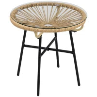 Tavolino da Giardino Rotondo Stile Boho in Rattan PE e Vetro, Ø50x50cm, Beige