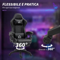 Sedia da Gaming Reclinabile a 125° e Massaggiante in Finta Pelle con Poggiapiedi, 65x68x120-128 cm, Nero
