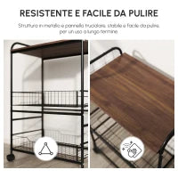 Carrello da Cucina Portavivande Stile Industriale con 4 Ruote, 2 Cestini e 4 Ganci, 60x38x85.5cm, Marrone Nero
