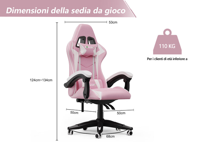 Sedia gaming ergonomica - RATTANTREE - con Supporto Lombare Sedia da Gioco in Pelle Pu con Altezza Regolabile - Rosa