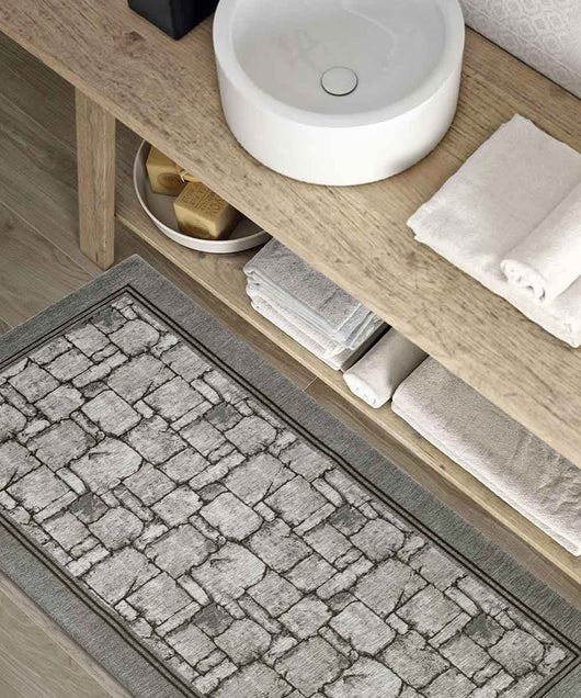 Tappeto WALL GRIGIO disegno effetto muro pietra, passatoia cucina multiuso lavabile antiscivolo cm.55x140