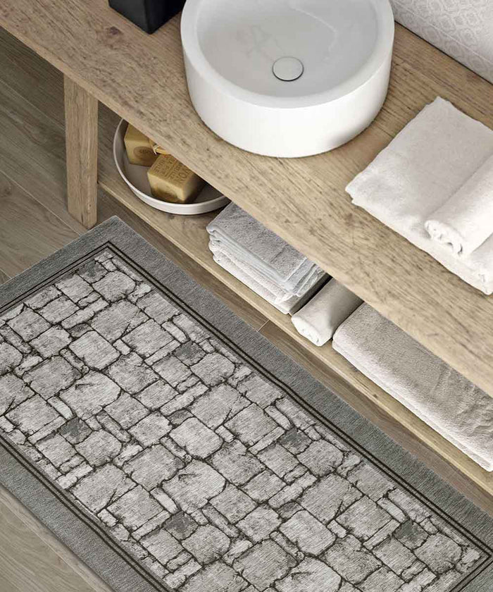 Tappeto WALL GRIGIO disegno effetto muro pietra, passatoia cucina multiuso lavabile antiscivolo cm.55x190