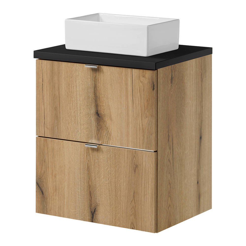 Mobile Pensile Sottolavabo Newport con 2 Cassetti e Lavabo Rettangolare Bianco 50x71x40 cm - Effetto Rovere/Nero