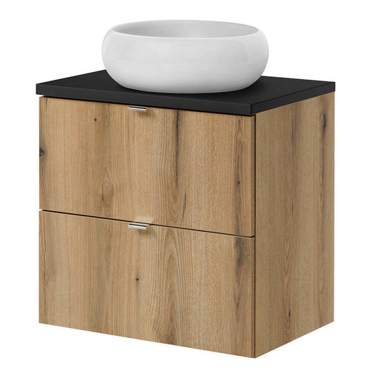 Mobile Pensile Sottolavabo Newport con 2 Cassetti e Lavabo Rotondo Bianco 60x72x40 cm - Effetto Rovere/Nero [en.casa]