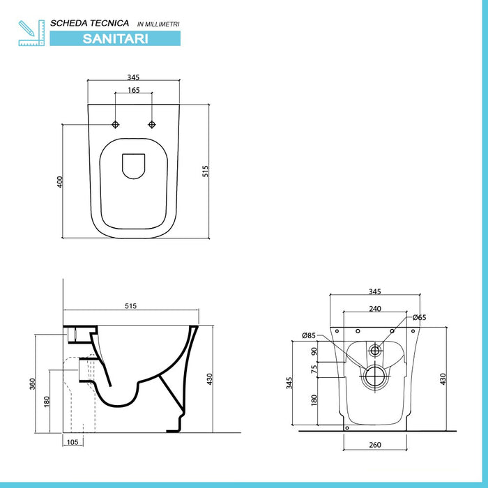 Water singolo filomuro Diometra bianco Rimless completo di Copriwater slim soft close