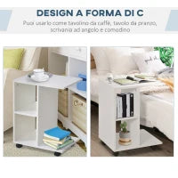 Tavolino da Salotto a C con 2 Ripiani Aperti e 4 Ruote Girevoli, in MDF e PE, 45x35x58 cm, Bianco
