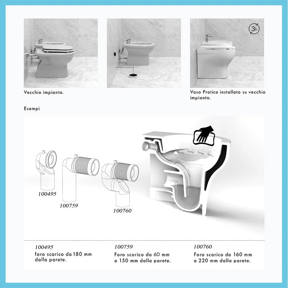 Wc filo muro scarico traslato rimless Azzurra serie Pratica