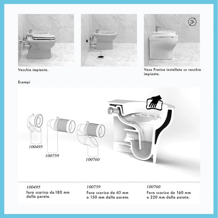 Wc filo muro scarico traslato rimless Azzurra serie Pratica