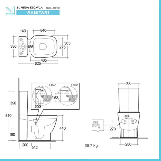 Wc filomuro monoblocco Rak One con scarico universale e copriwc