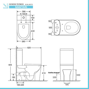 Wc filomuro monoblocco Rimless scarico universale e sedile rallentato Klan