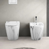 WC filomuro Rimless in ceramica marmorizzata bianca con sedile Tokyo