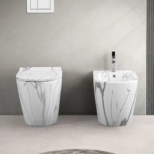 WC filomuro Rimless in ceramica marmorizzata bianca con sedile Tokyo