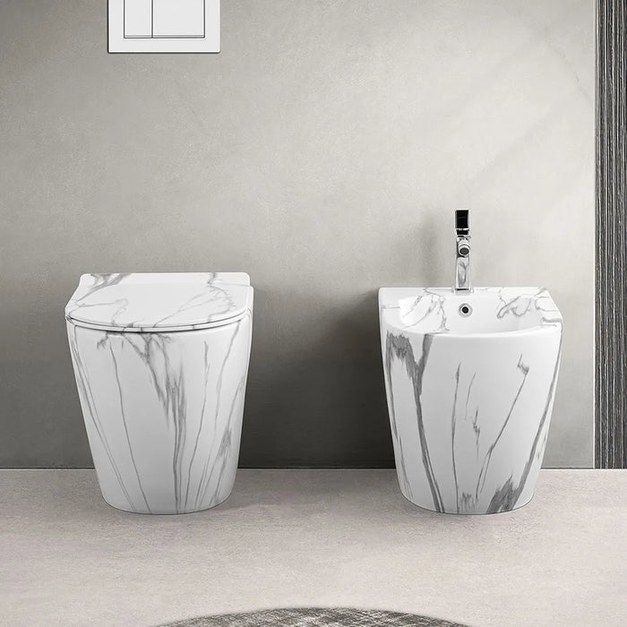 WC filomuro Rimless in ceramica marmorizzata bianca con sedile Tokyo