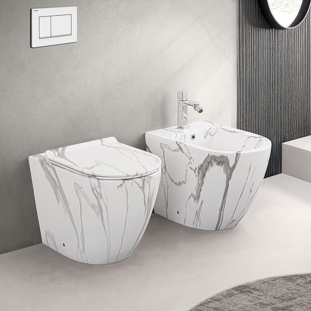 WC filomuro Rimless in ceramica marmorizzata bianca con sedile Tokyo