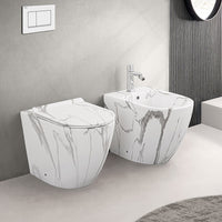 WC filomuro Rimless in ceramica marmorizzata bianca con sedile Tokyo