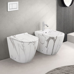 WC filomuro Rimless in ceramica marmorizzata bianca con sedile Tokyo