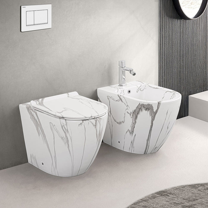 WC filomuro Rimless in ceramica marmorizzata bianca con sedile Tokyo